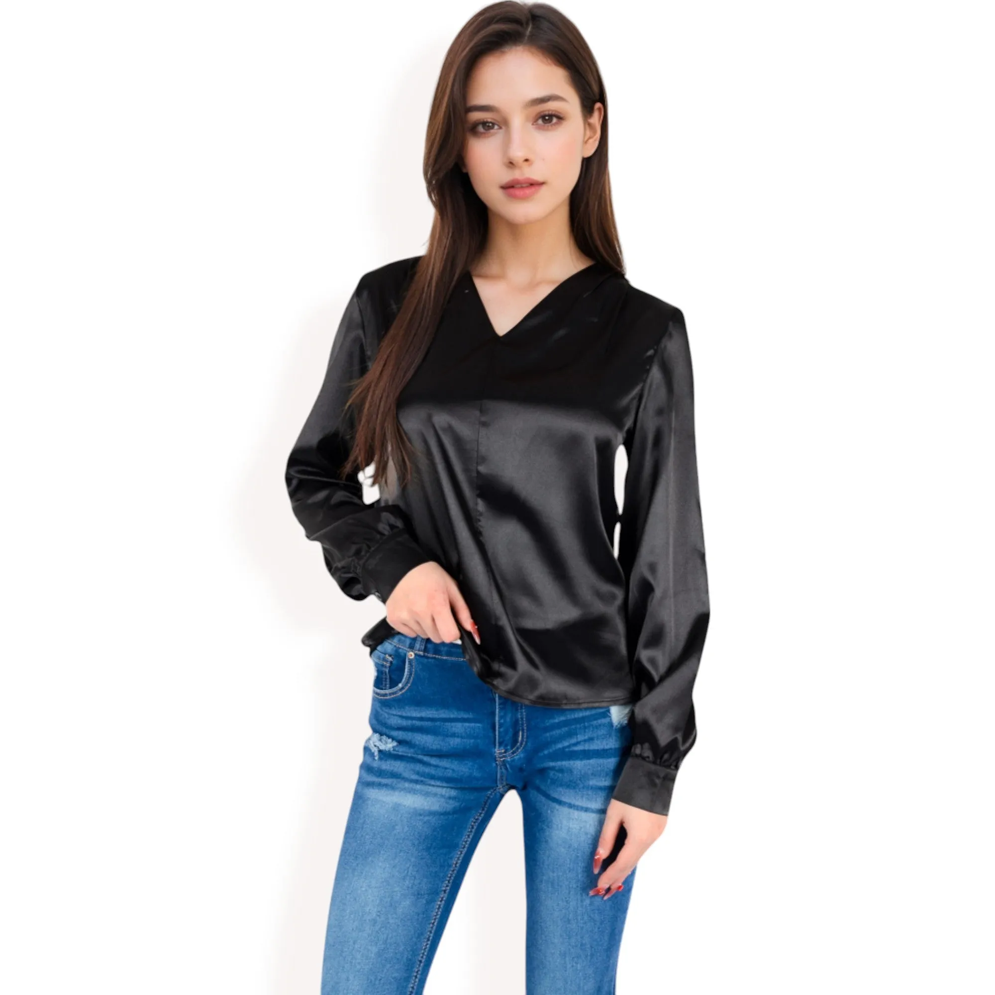 Anna-Kaci Women's Satin V-Neck Blouse with Long Sleeves sold by Anna-Kaci product image thumbnail 2