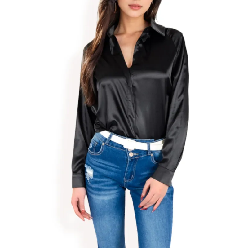 Anna-Kaci Women's Satin Pullover Top with Point Collar and Long Sleeves sold by Anna-Kaci