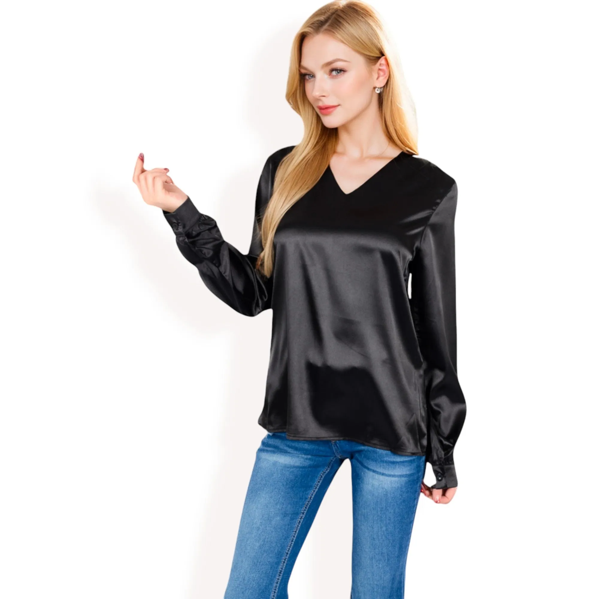 Anna-Kaci Women's Satin Long Sleeve V-Neck Blouse with Cuffed Sleeves sold by Anna-Kaci product image thumbnail 4
