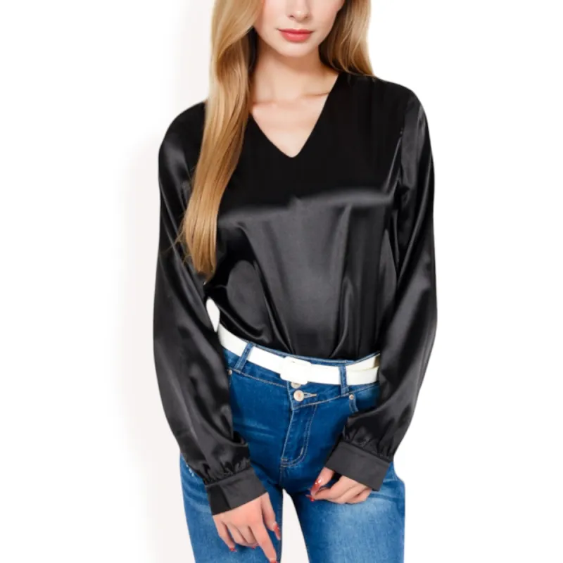 Anna-Kaci Women's Satin Long Sleeve V-Neck Blouse with Cuffed Sleeves sold by Anna-Kaci