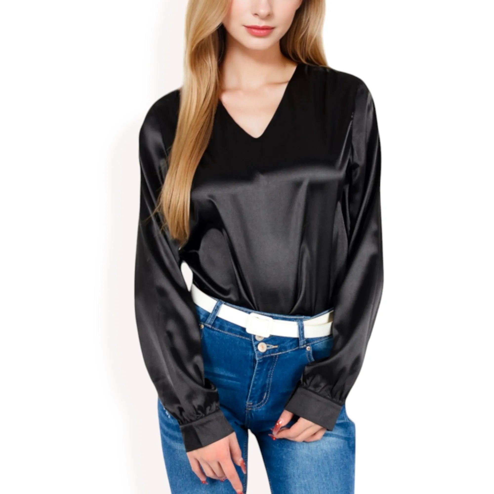 Anna-Kaci Women's Satin Long Sleeve V-Neck Blouse with Cuffed Sleeves sold by Anna-Kaci