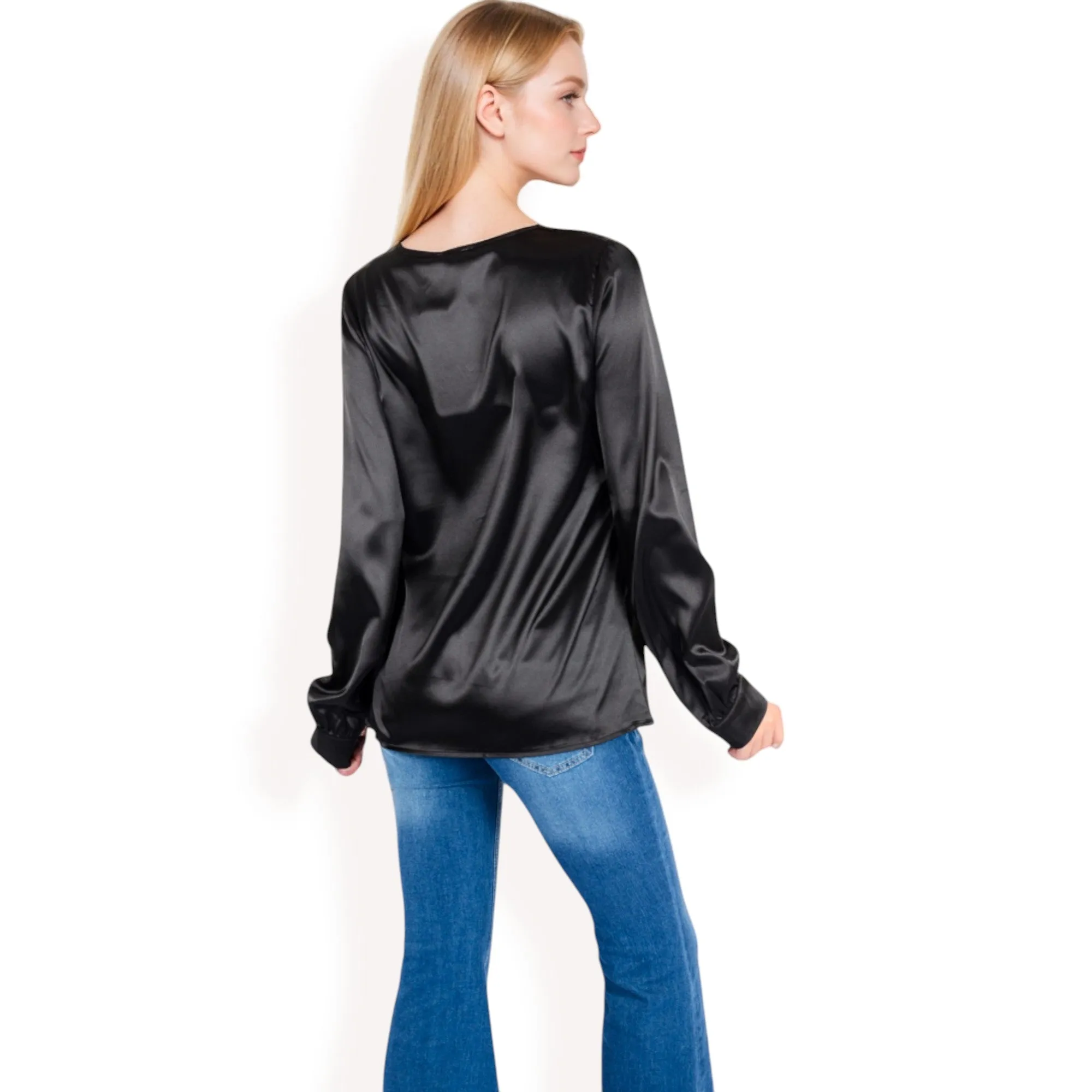 Anna-Kaci Women's Satin Long Sleeve V-Neck Blouse with Cuffed Sleeves sold by Anna-Kaci product image thumbnail 5