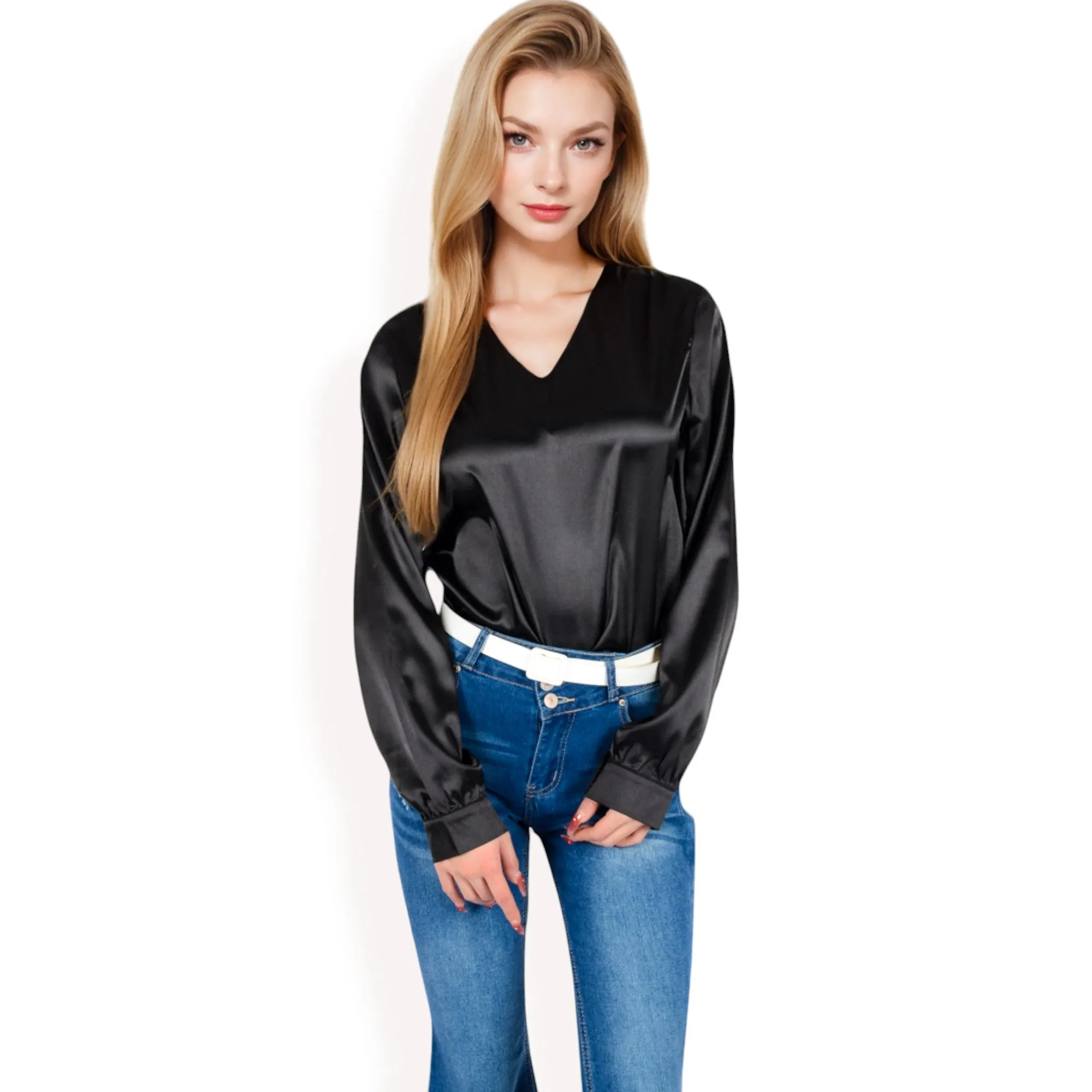 Anna-Kaci Women's Satin Long Sleeve V-Neck Blouse with Cuffed Sleeves sold by Anna-Kaci product image thumbnail 2