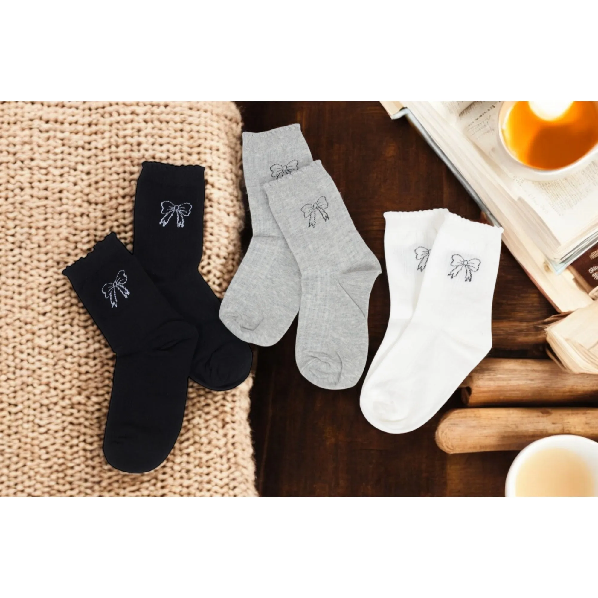Women's 3-Pack Bow Embroidery Crew Socks with Scalloped Trim and Soft Knit Fabric sold by Anna-Kaci product image thumbnail 3