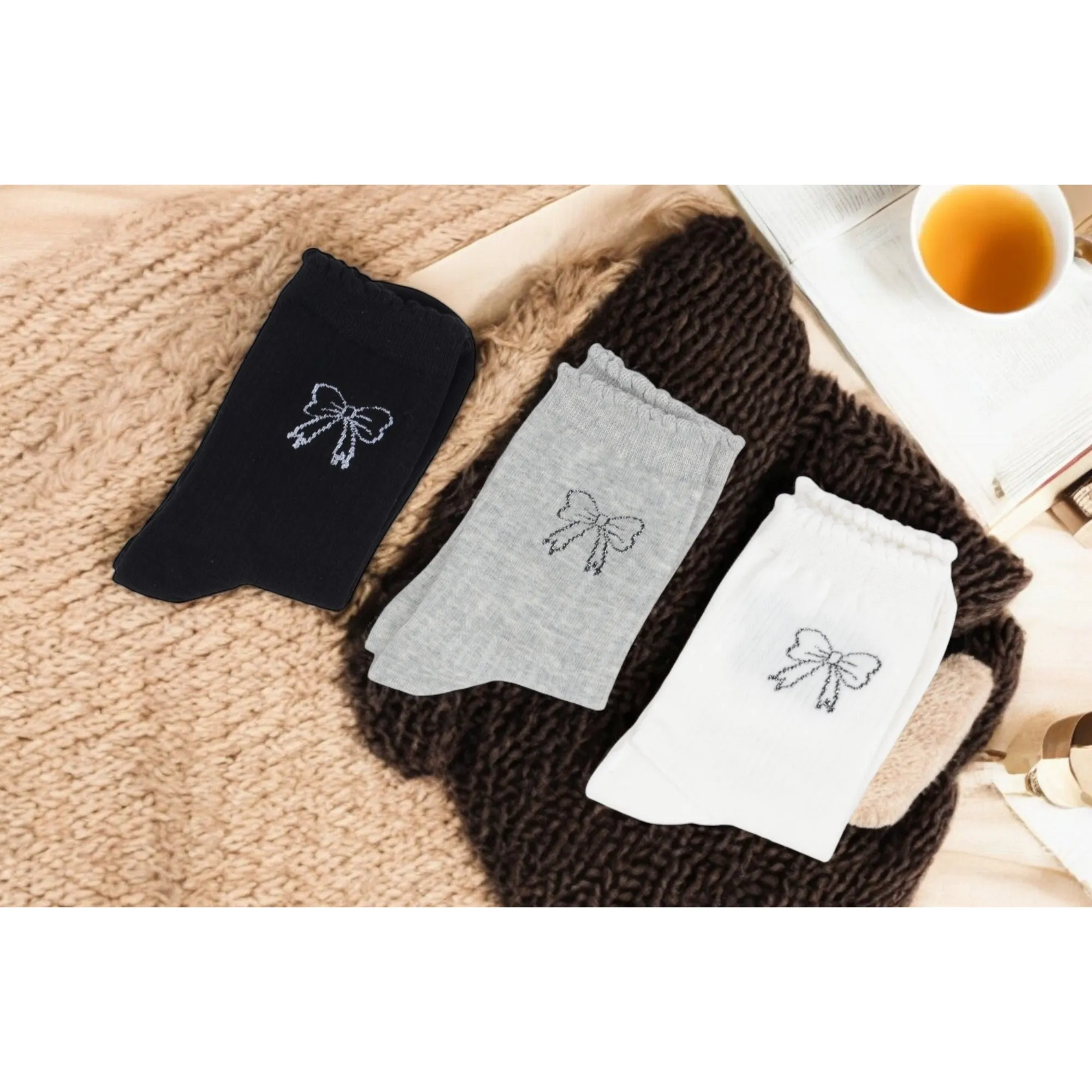 Women's 3-Pack Bow Embroidery Crew Socks with Scalloped Trim and Soft Knit Fabric sold by Anna-Kaci product image thumbnail 2