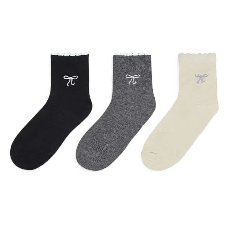 Women's 3-Pack Soft Knit Ankle Socks with Scalloped Trim and Embroidered Bow Detail sold by Anna-Kaci