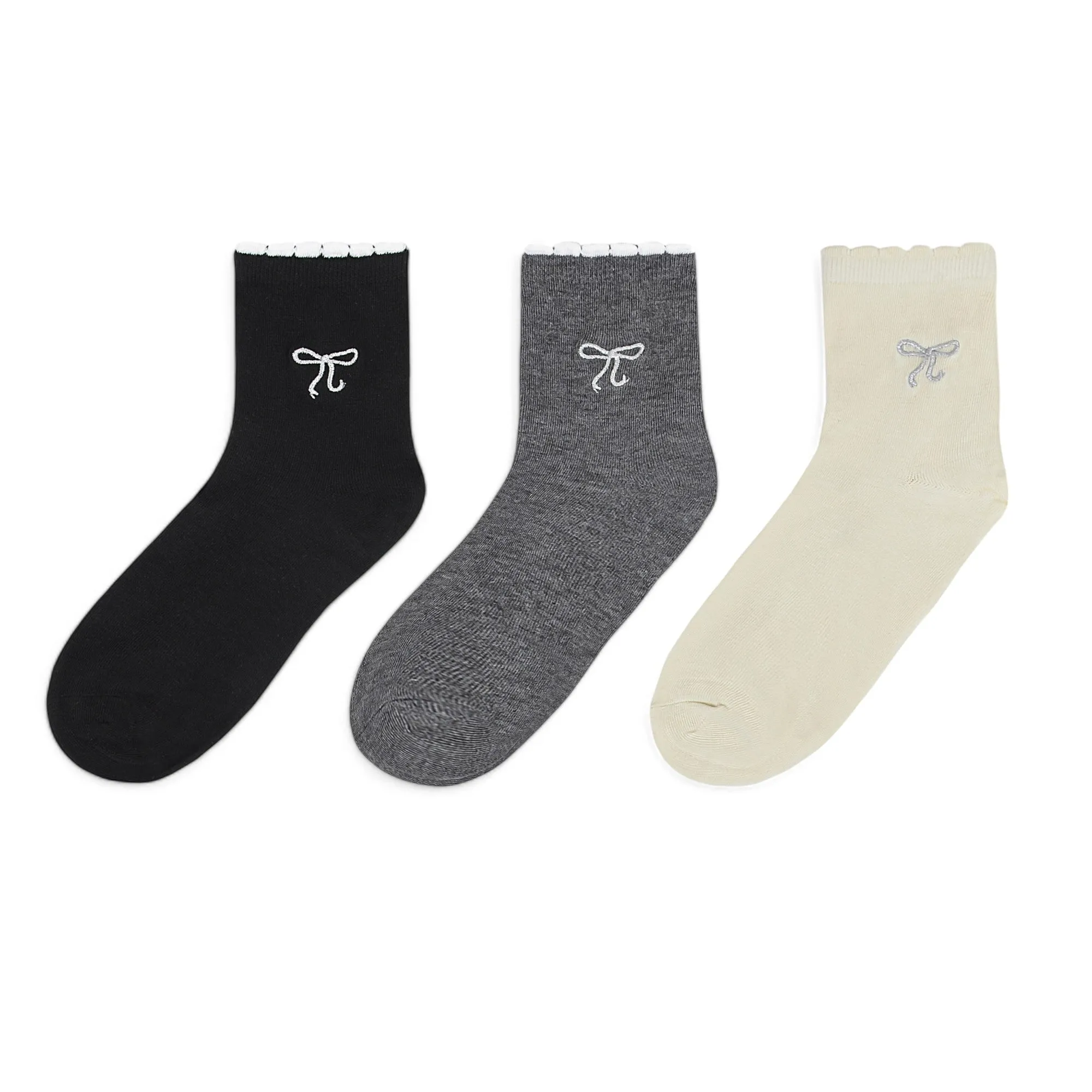 Women's 3-Pack Soft Knit Ankle Socks with Scalloped Trim and Embroidered Bow Detail sold by Anna-Kaci