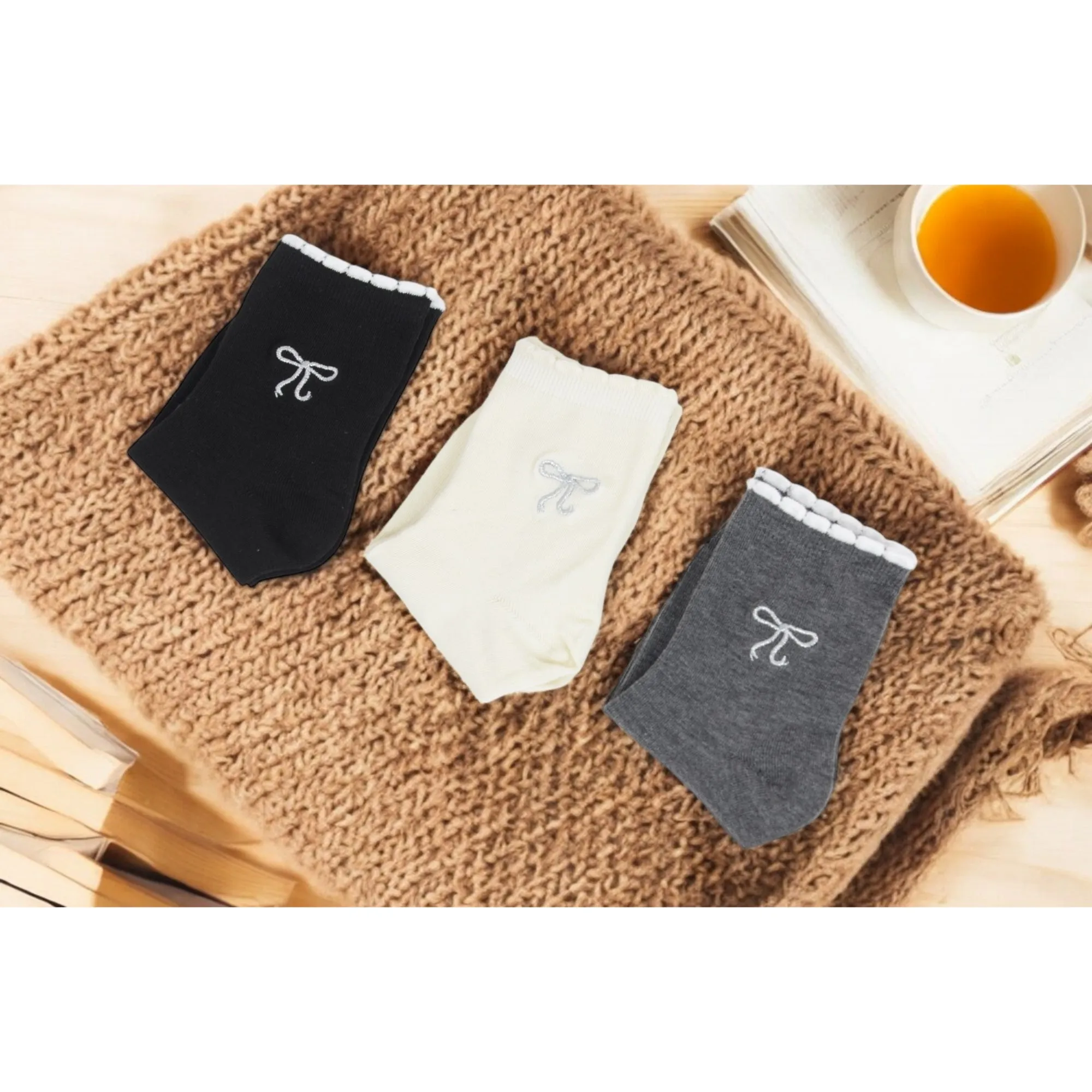 Women's 3-Pack Soft Knit Ankle Socks with Scalloped Trim and Embroidered Bow Detail sold by Anna-Kaci product image thumbnail 2