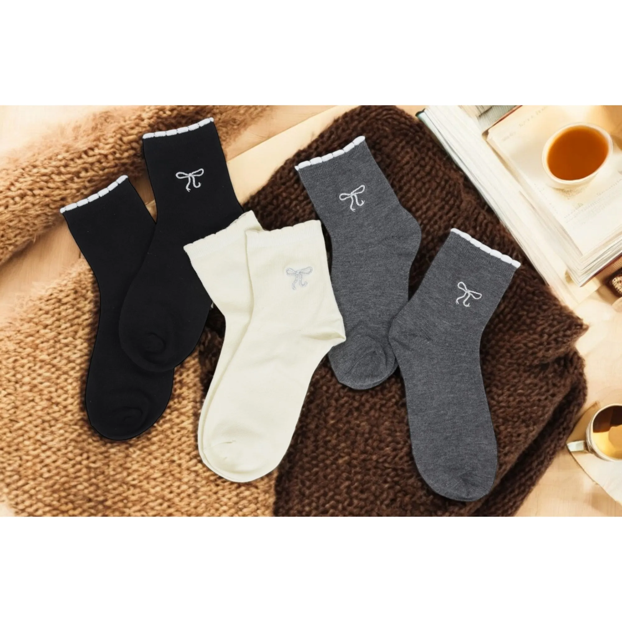 Women's 3-Pack Soft Knit Ankle Socks with Scalloped Trim and Embroidered Bow Detail sold by Anna-Kaci product image thumbnail 3