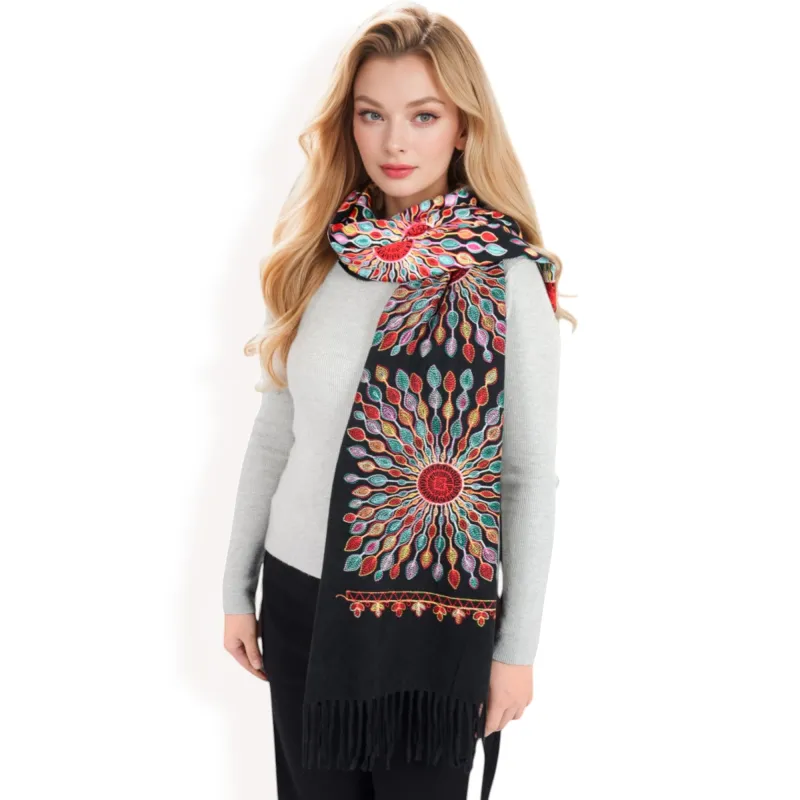 Anna-Kaci Women's Floral Mandala Embroidered Scarf with Fringed Edges and Lightweight Fabric sold by Anna-Kaci