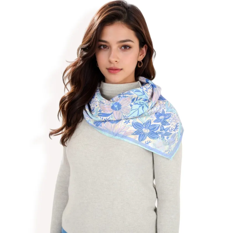 Anna-Kaci Women's Floral Printed Satin Square Scarves with Elegant Patterns and Contrast Borders for Chic and Versatile Styling sold by Anna-Kaci