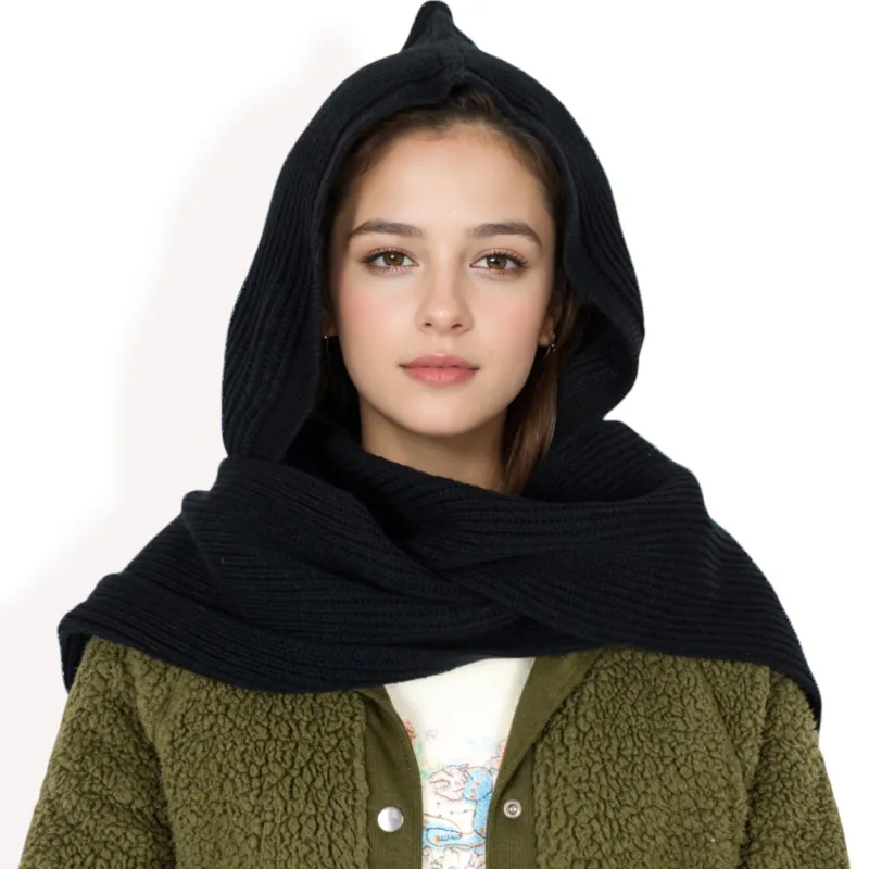 Anna-Kaci Women's Knitted Hooded Scarf with Versatile Design and Warm Ribbed Texture for Stylish Comfort and Winter Protection sold by Anna-Kaci