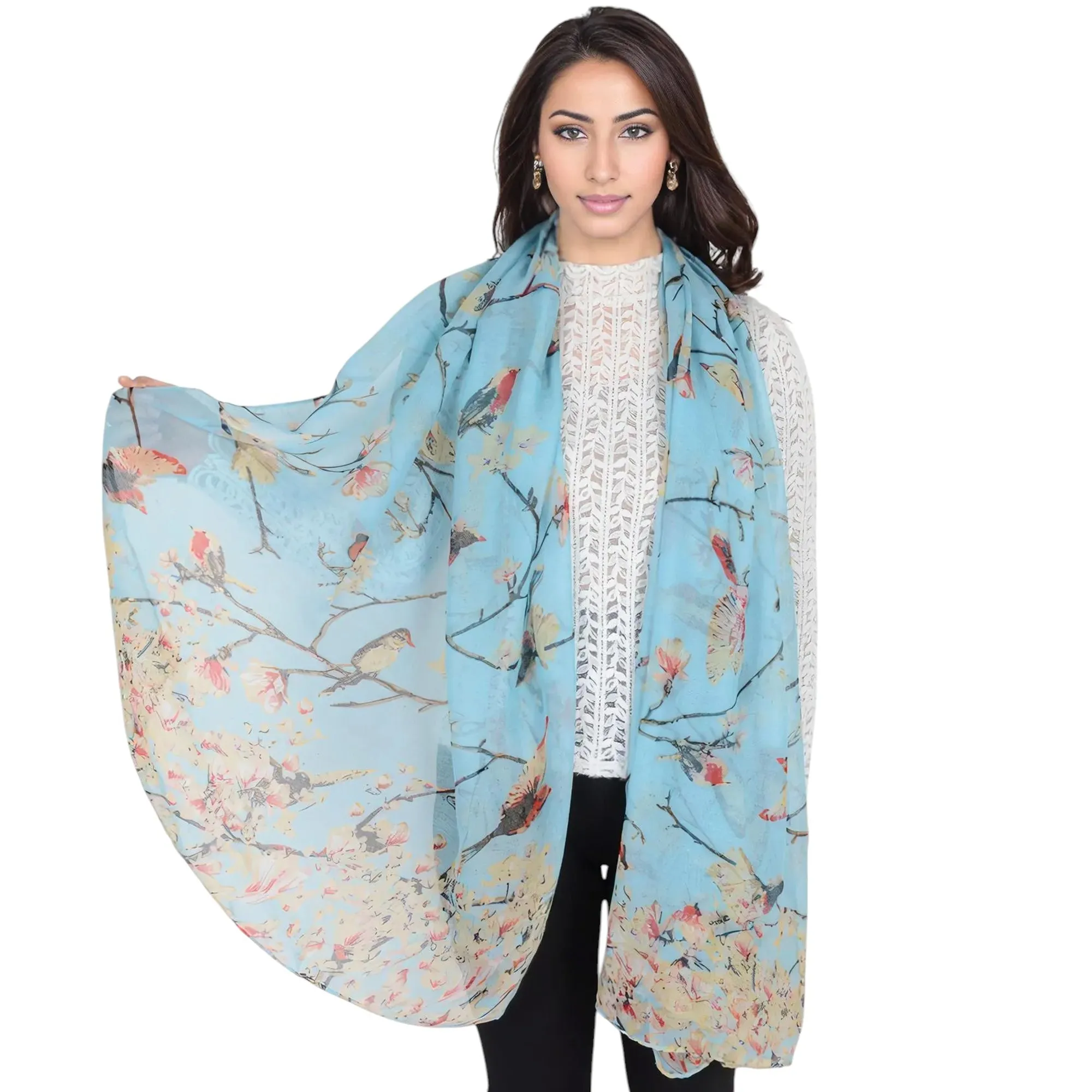 Anna-Kaci Women's Lightweight Floral Birds Print Scarf Cotton Linen Shawls Wrap Scarves sold by Anna-Kaci