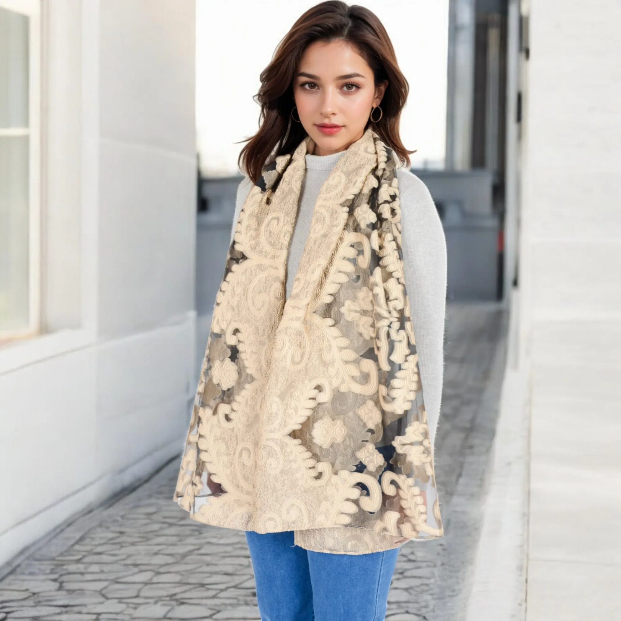 Anna-Kaci Women's Elegant Floral Embroidered Sheer Scarf with Lightweight Textured Fabric Overlay for Sophisticated Style sold by Anna-Kaci product image thumbnail 3