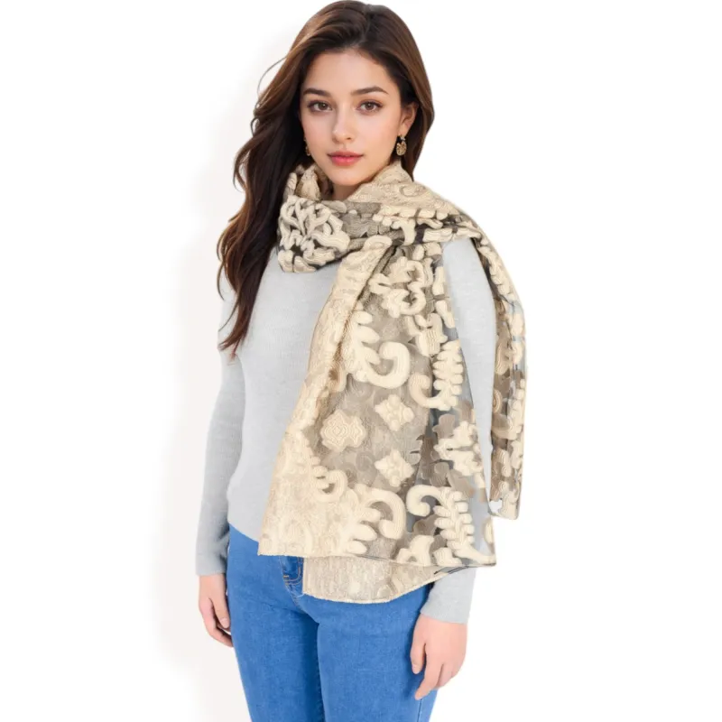 Anna-Kaci Women's Elegant Floral Embroidered Sheer Scarf with Lightweight Textured Fabric Overlay for Sophisticated Style sold by Anna-Kaci