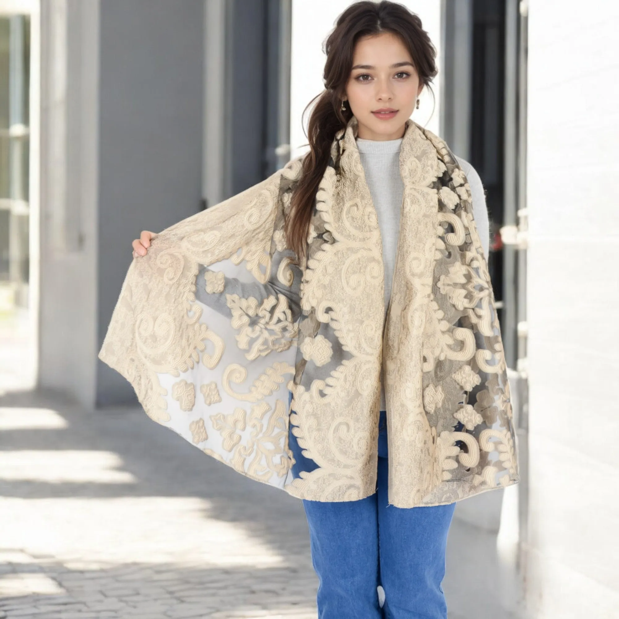 Anna-Kaci Women's Elegant Floral Embroidered Sheer Scarf with Lightweight Textured Fabric Overlay for Sophisticated Style sold by Anna-Kaci product image thumbnail 4