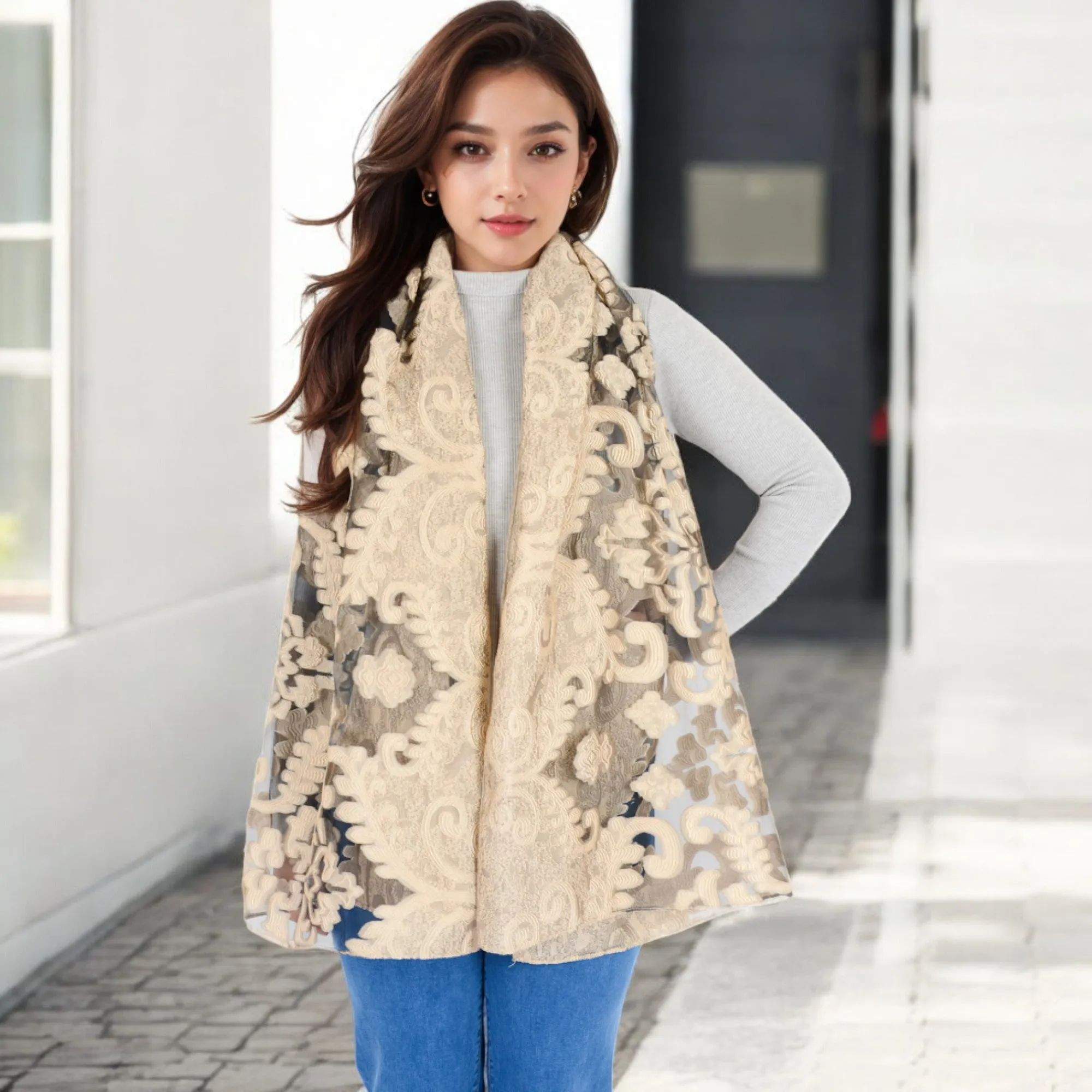 Anna-Kaci Women's Elegant Floral Embroidered Sheer Scarf with Lightweight Textured Fabric Overlay for Sophisticated Style sold by Anna-Kaci product image thumbnail 2