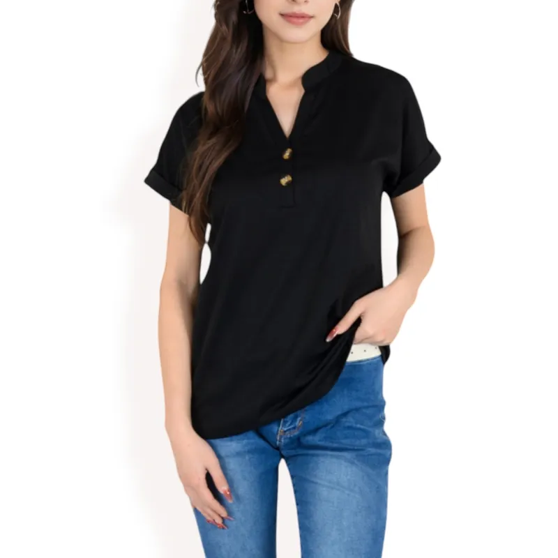 Anna-Kaci Women's Short Sleeve Button Front V-Neck Shirt sold by Anna-Kaci