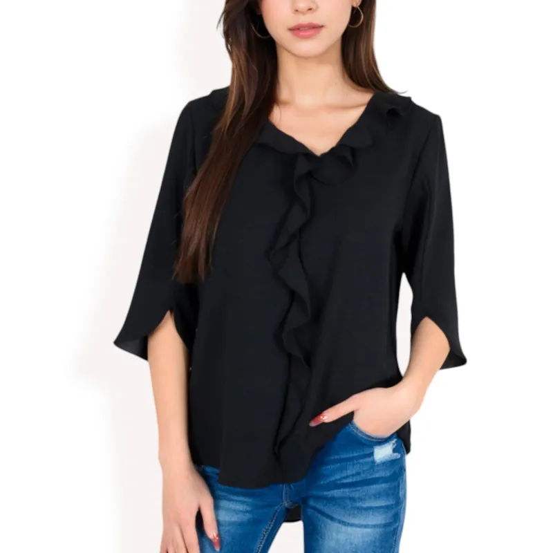 Anna-Kaci Women's Ruffle Front Blouse with 3/4 Split Sleeves made by Anna-Kaci