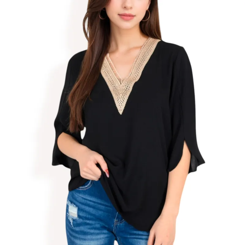 Anna-Kaci Women's Split Sleeve V-Neck Blouse with Crochet Detail sold by Anna-Kaci