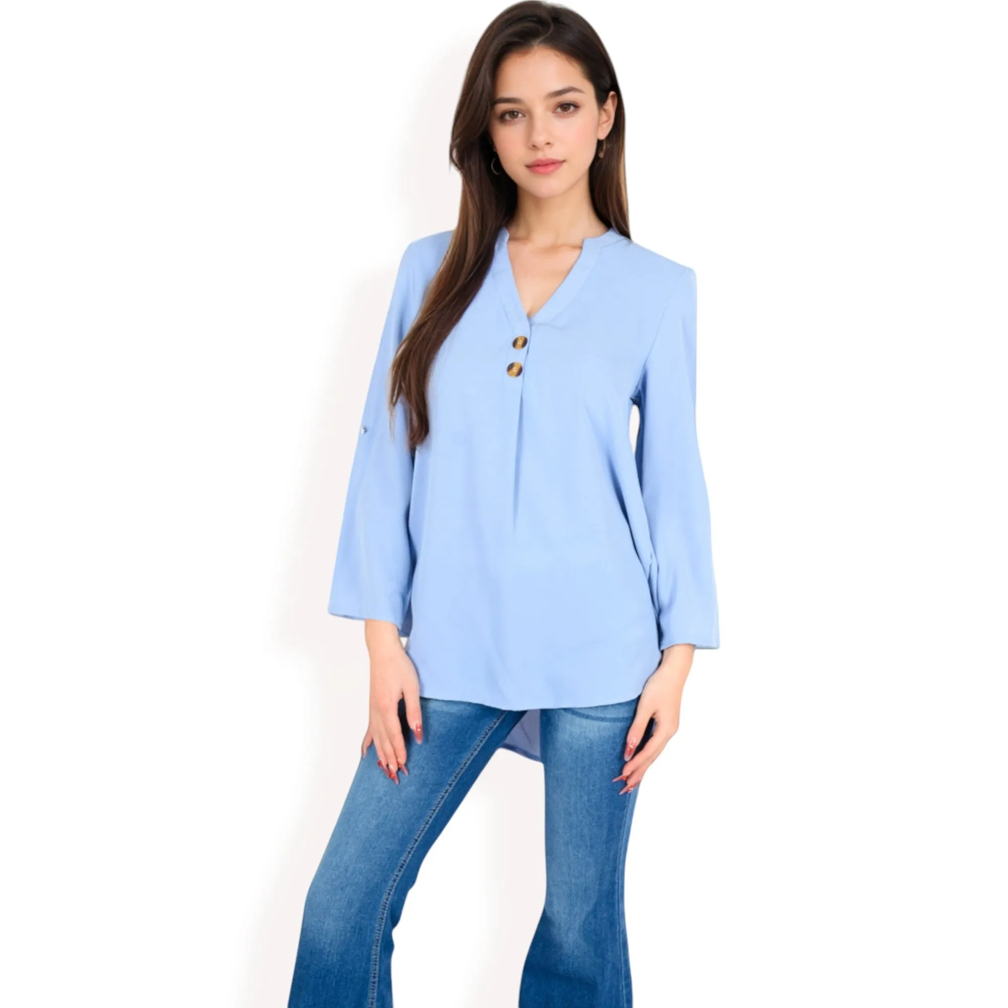 Anna-Kaci Women's V-Neck Blouse with Button Accents and Roll-Up Sleeves sold by Anna-Kaci product image thumbnail 4