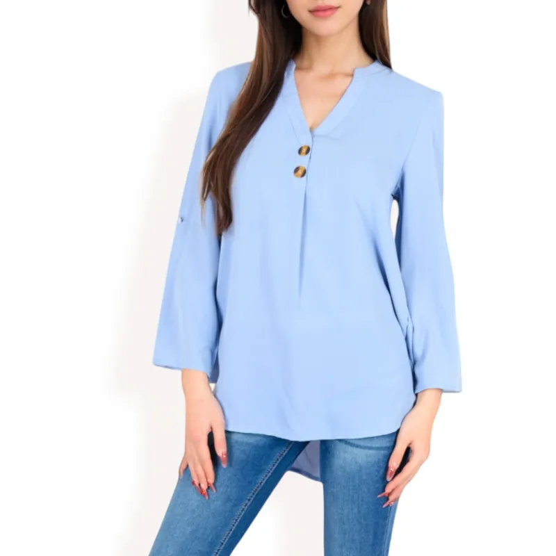 Anna-Kaci Women's V-Neck Blouse with Button Accents and Roll-Up Sleeves sold by Anna-Kaci