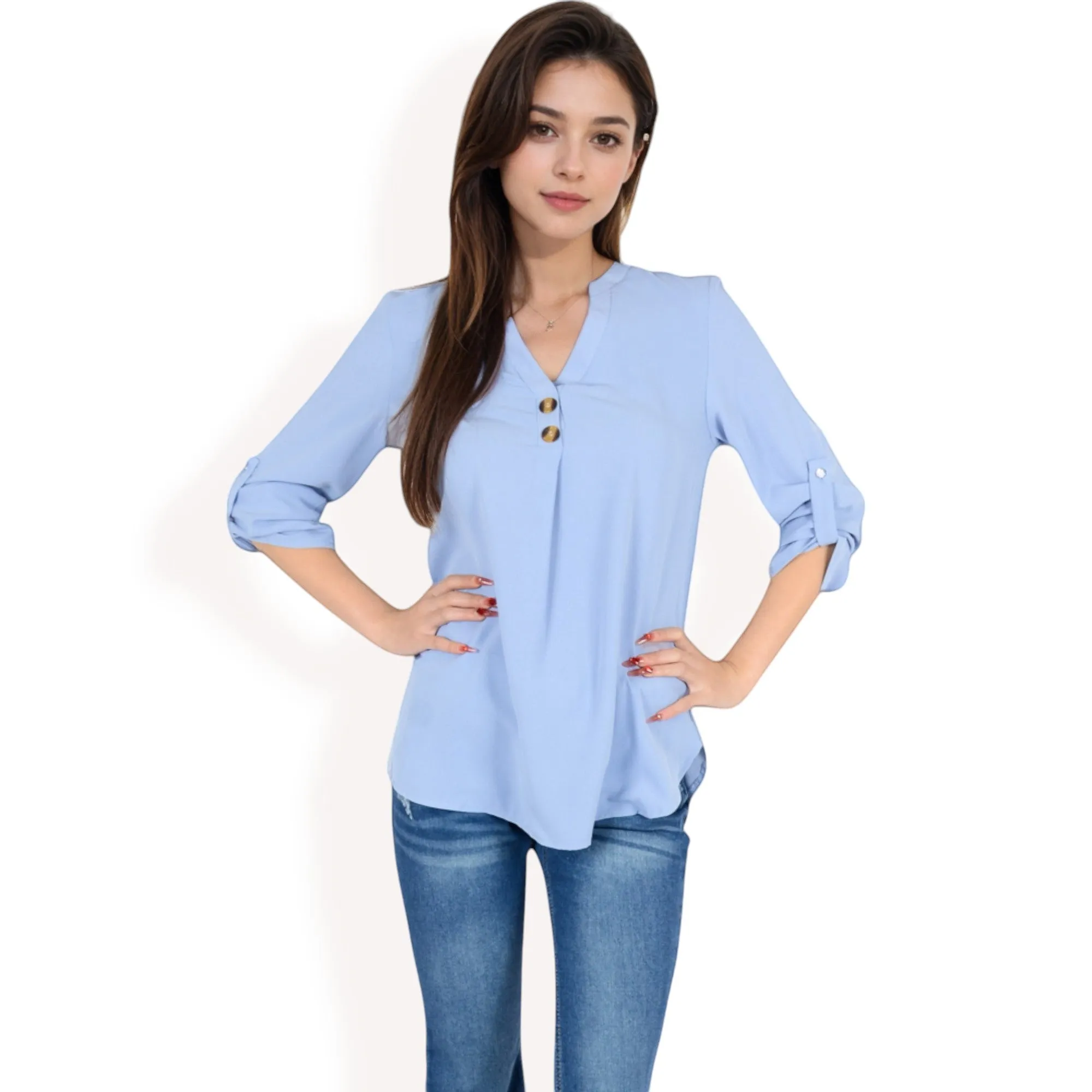 Anna-Kaci Women's V-Neck Blouse with Button Accents and Roll-Up Sleeves sold by Anna-Kaci product image thumbnail 5
