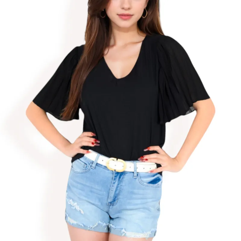 Anna-Kaci Women's V-Neck Blouse with Pleated Chiffon Flutter Sleeves sold by Anna-Kaci