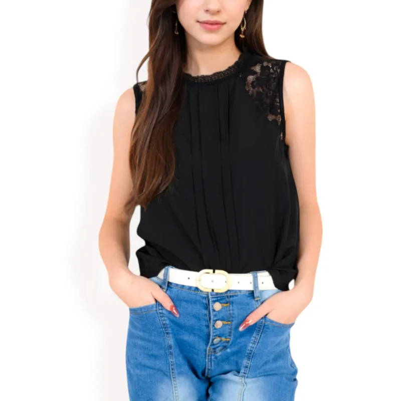 Anna-Kaci Women's Sleeveless Blouse with Lace Yoke and Pleated Front sold by Anna-Kaci