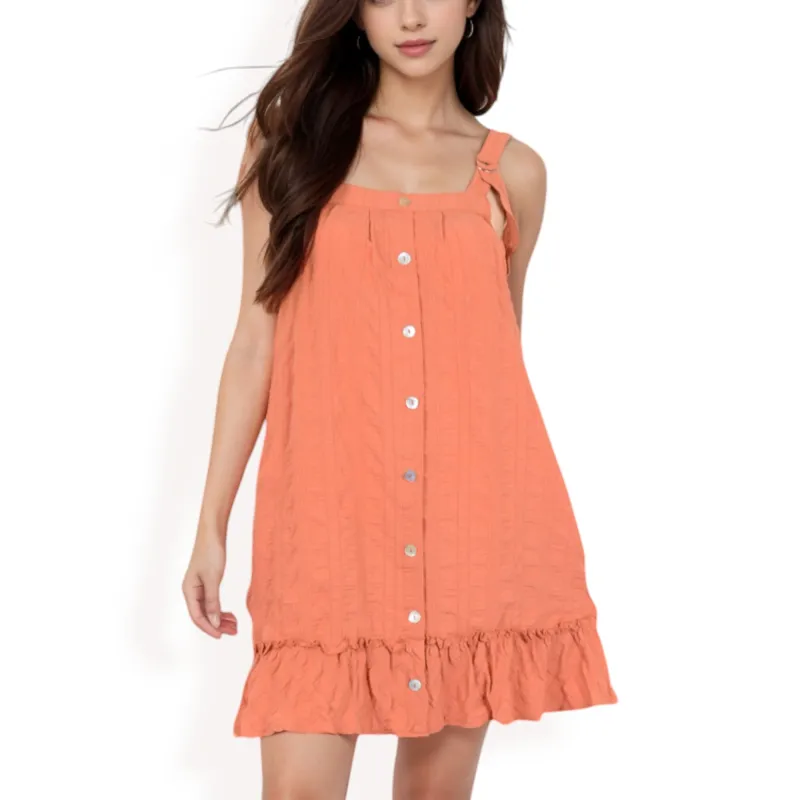 Anna-Kaci Women's Ruffled Button-Down Mini Dress with Adjustable Straps and Textured Fabric sold by Anna-Kaci