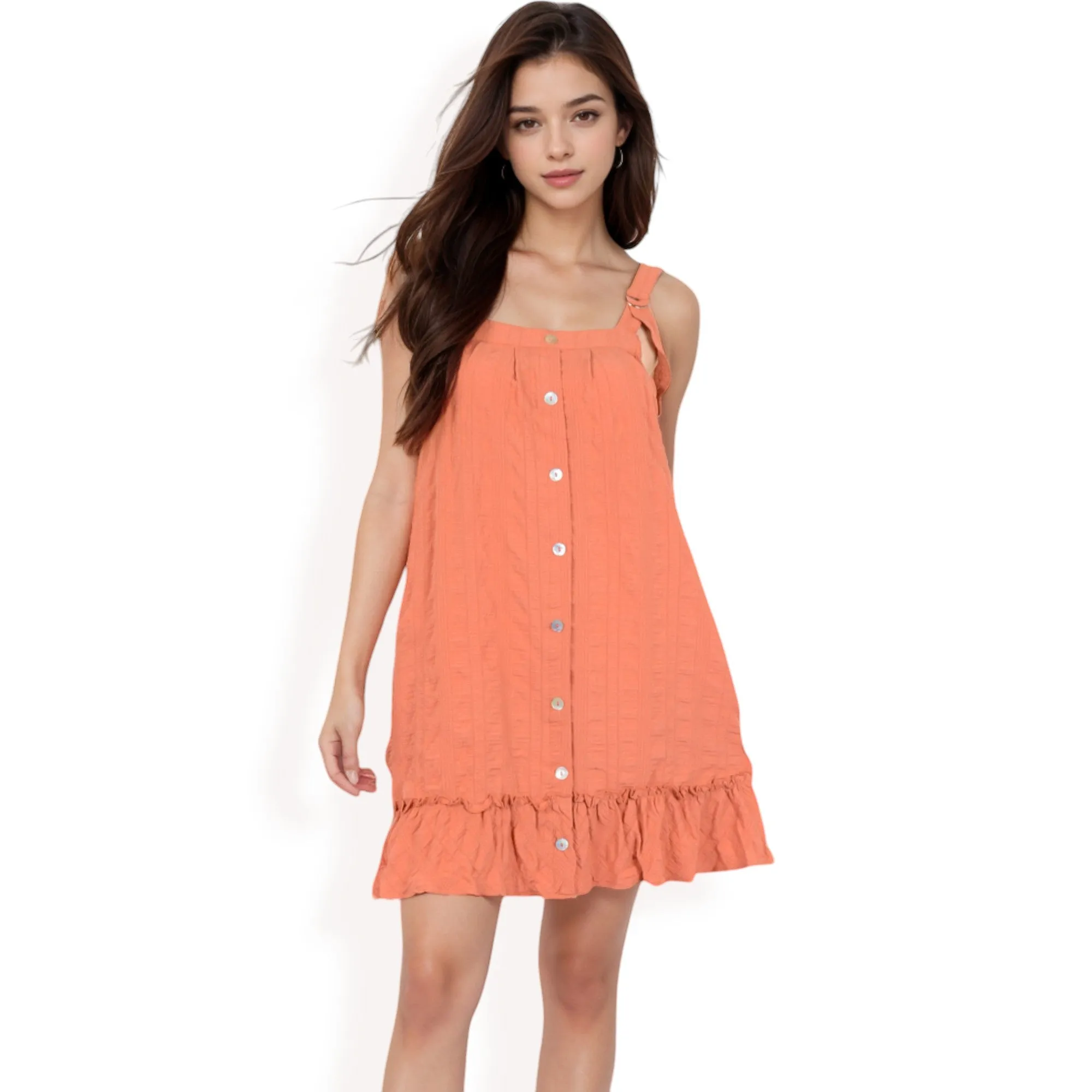 Anna-Kaci Women's Ruffled Button-Down Mini Dress with Adjustable Straps and Textured Fabric sold by Anna-Kaci product image thumbnail 2
