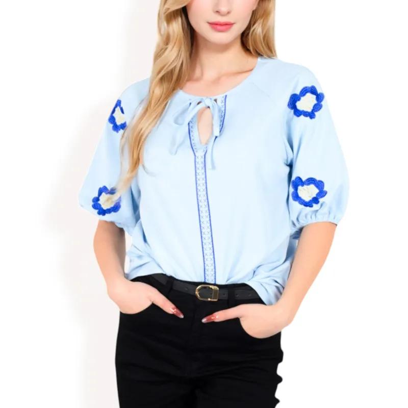 Anna-Kaci Women's Floral Embroidered Blouse with Puff Sleeves and V-Neckline made by Anna-Kaci