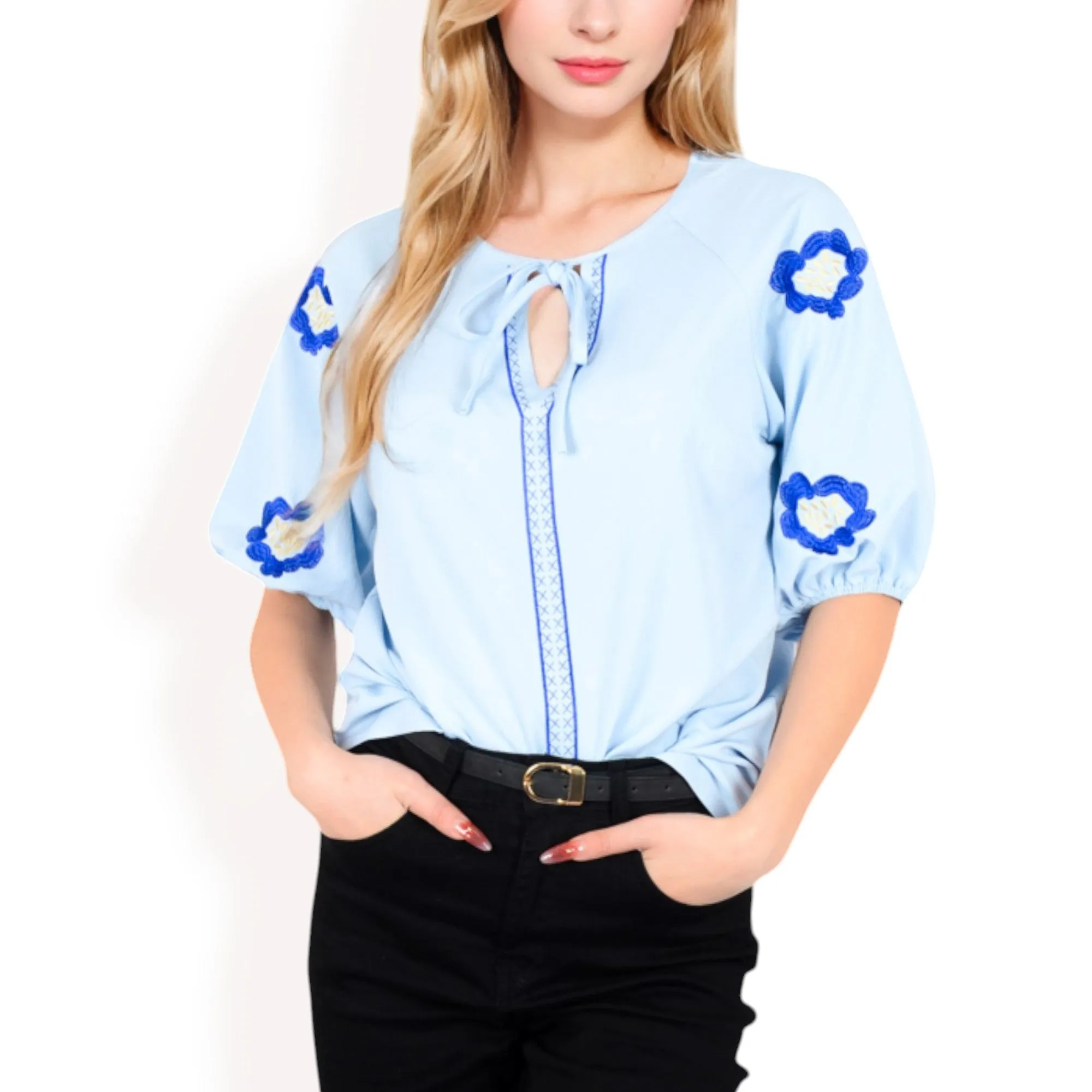 Anna-Kaci Women's Floral Embroidered Blouse with Puff Sleeves and V-Neckline sold by Anna-Kaci