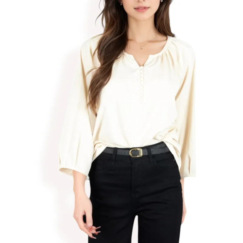 Anna-Kaci Women's 3/4 Sleeve Blouse with Gathered Neckline and Button Details sold by Anna-Kaci