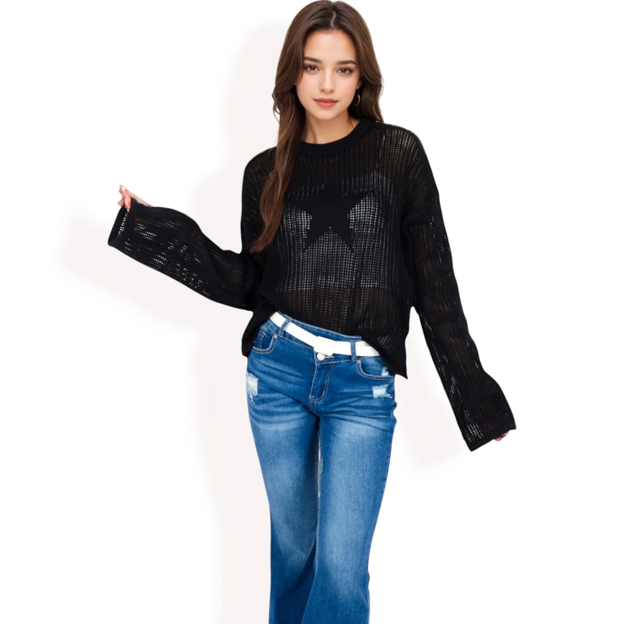 Anna-Kaci Women's Oversized Star Cutout Knit Pullover Sweater with Drop Shoulder Design sold by Anna-Kaci product image thumbnail 4