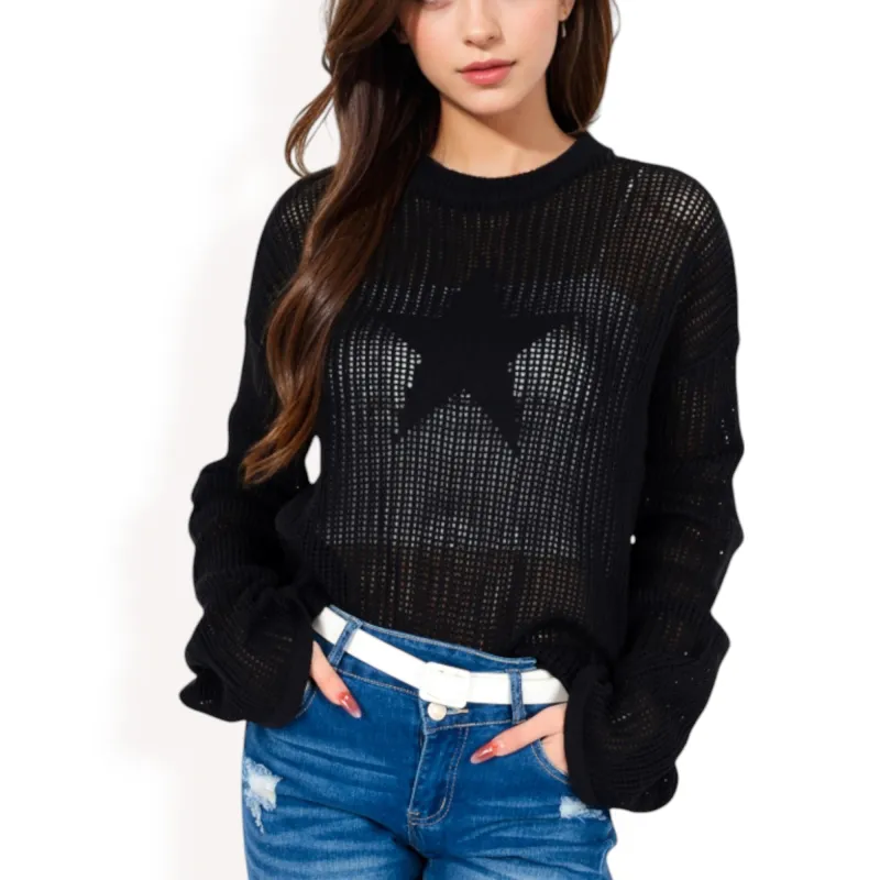 Anna-Kaci Women's Oversized Star Cutout Knit Pullover Sweater with Drop Shoulder Design sold by Anna-Kaci