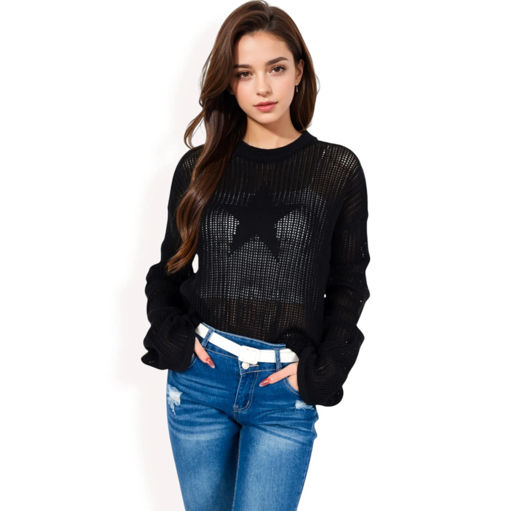 Anna-Kaci Women's Oversized Star Cutout Knit Pullover Sweater with Drop Shoulder Design sold by Anna-Kaci product image thumbnail 2