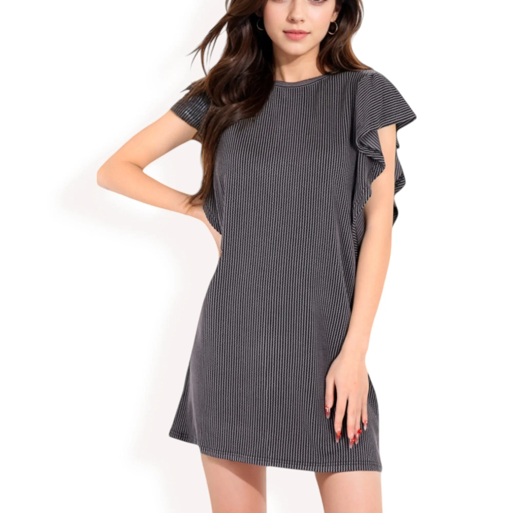 Anna-Kaci Women's Ruffle Sleeve Textured Knit Mini Shift Dress sold by Anna-Kaci