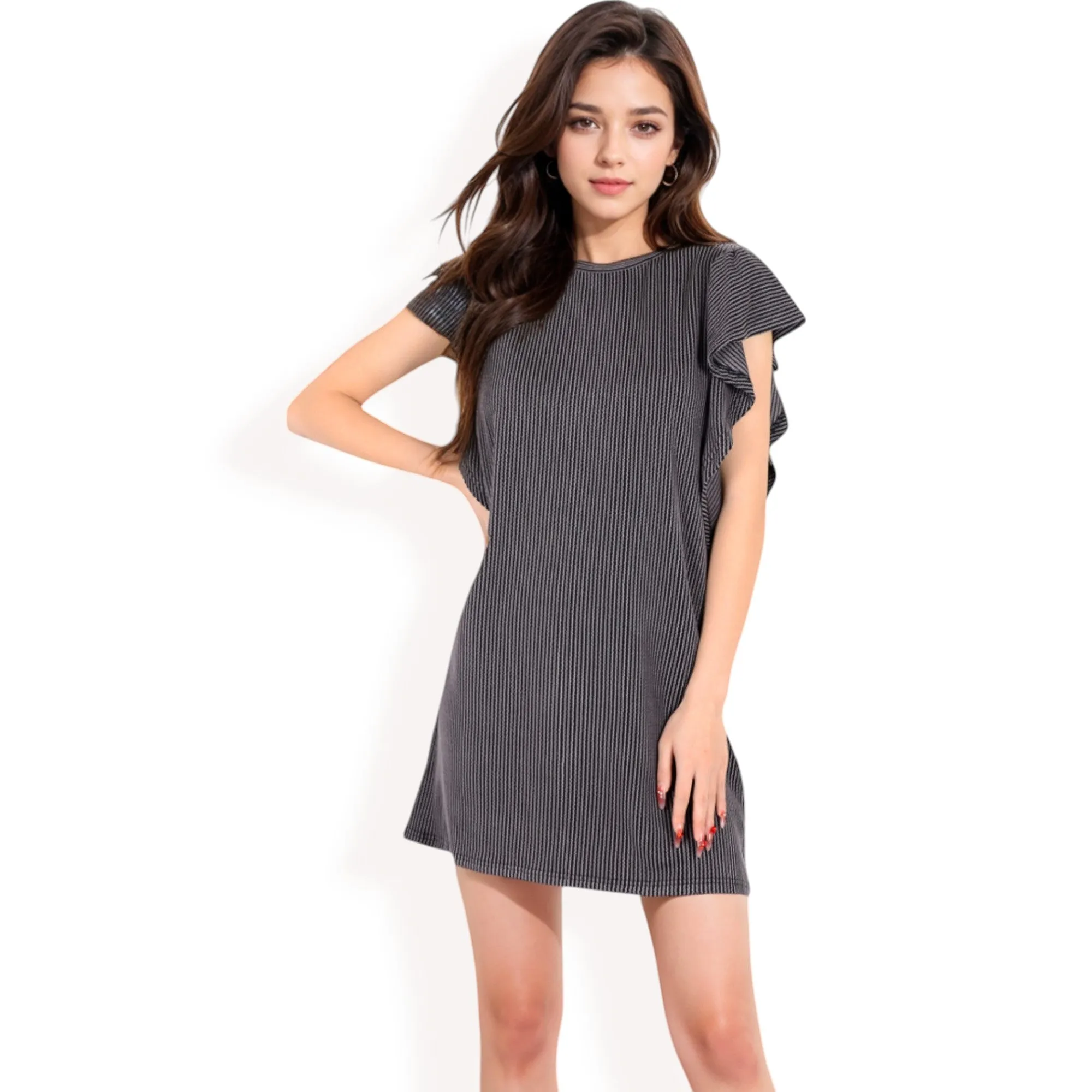 Anna-Kaci Women's Ruffle Sleeve Textured Knit Mini Shift Dress sold by Anna-Kaci product image thumbnail 2