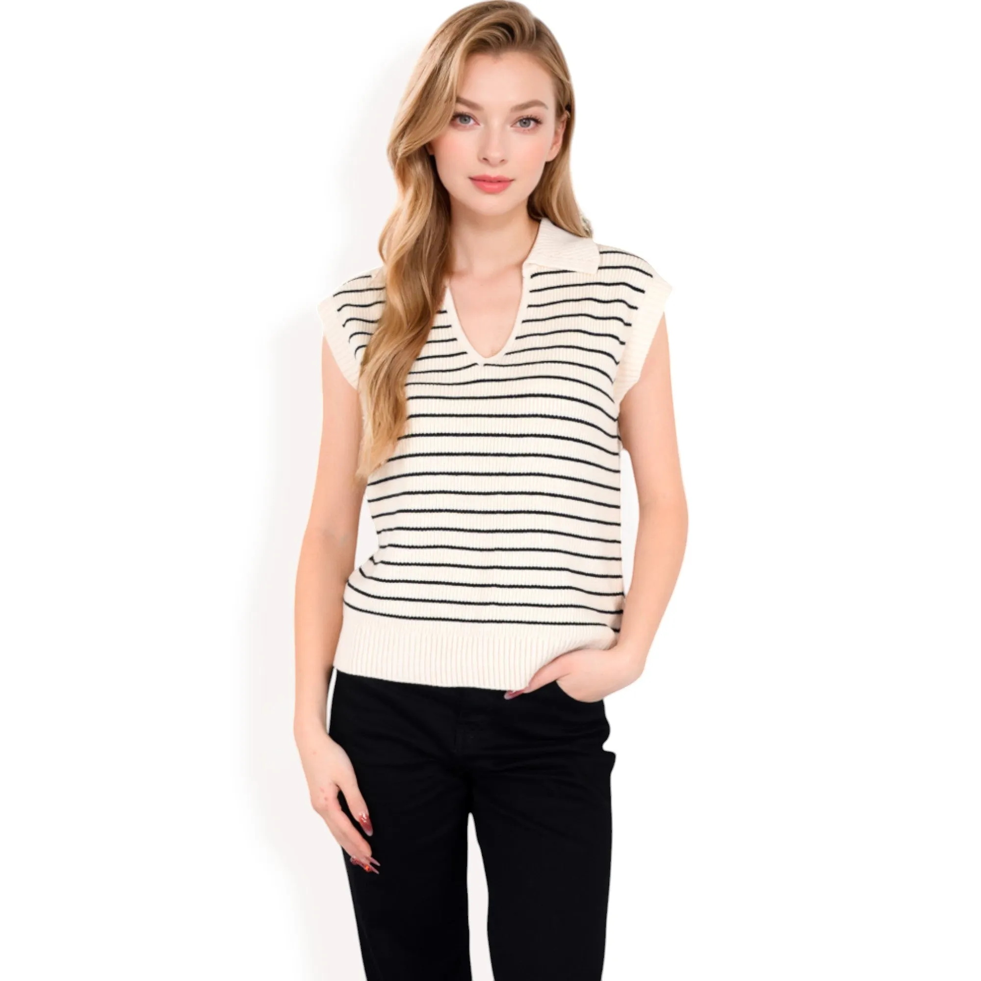 Anna-Kaci Women's Striped Knit Sleeveless Sweater Vest with Collared V-Neck sold by Anna-Kaci product image thumbnail 4