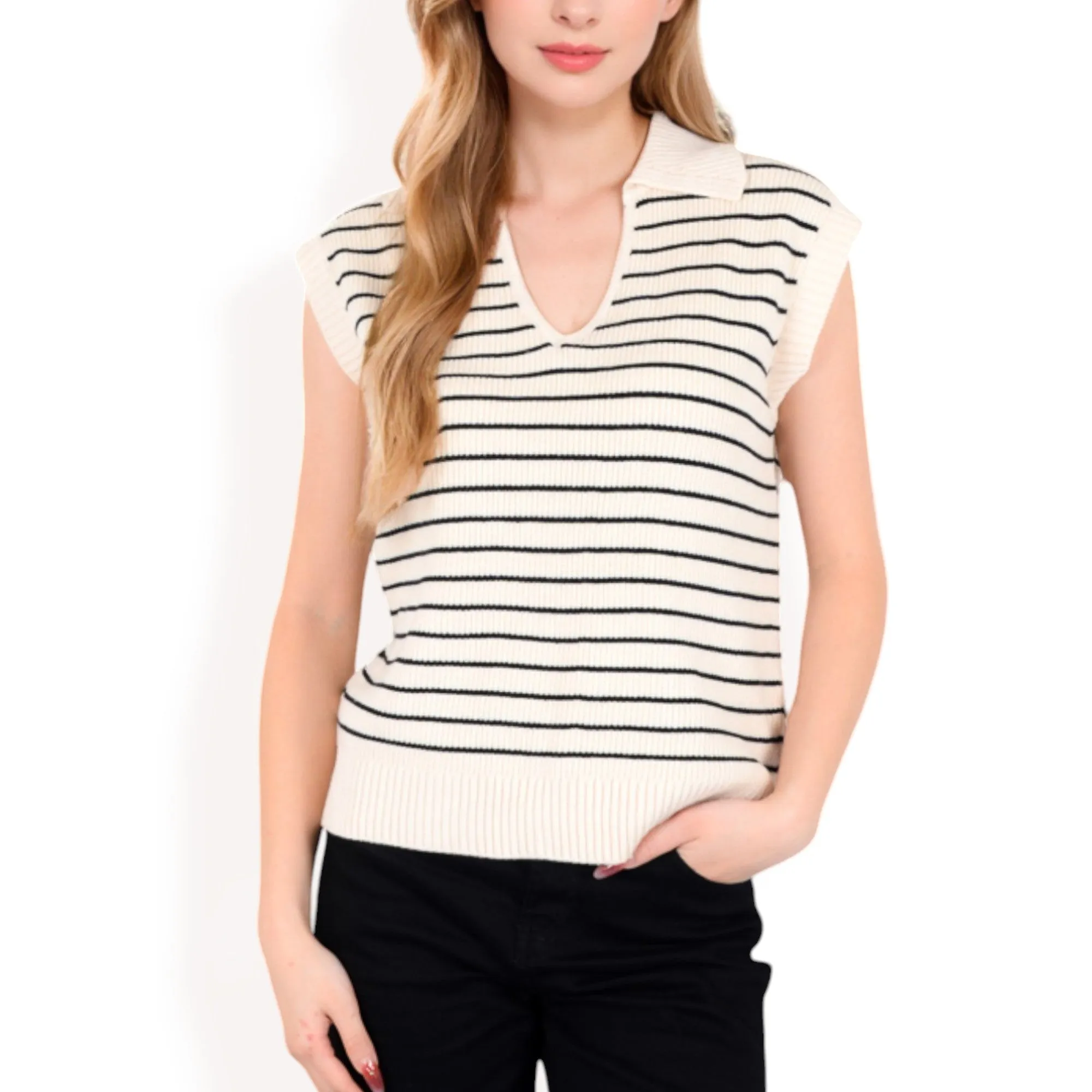 Anna-Kaci Women's Striped Knit Sleeveless Sweater Vest with Collared V-Neck sold by Anna-Kaci