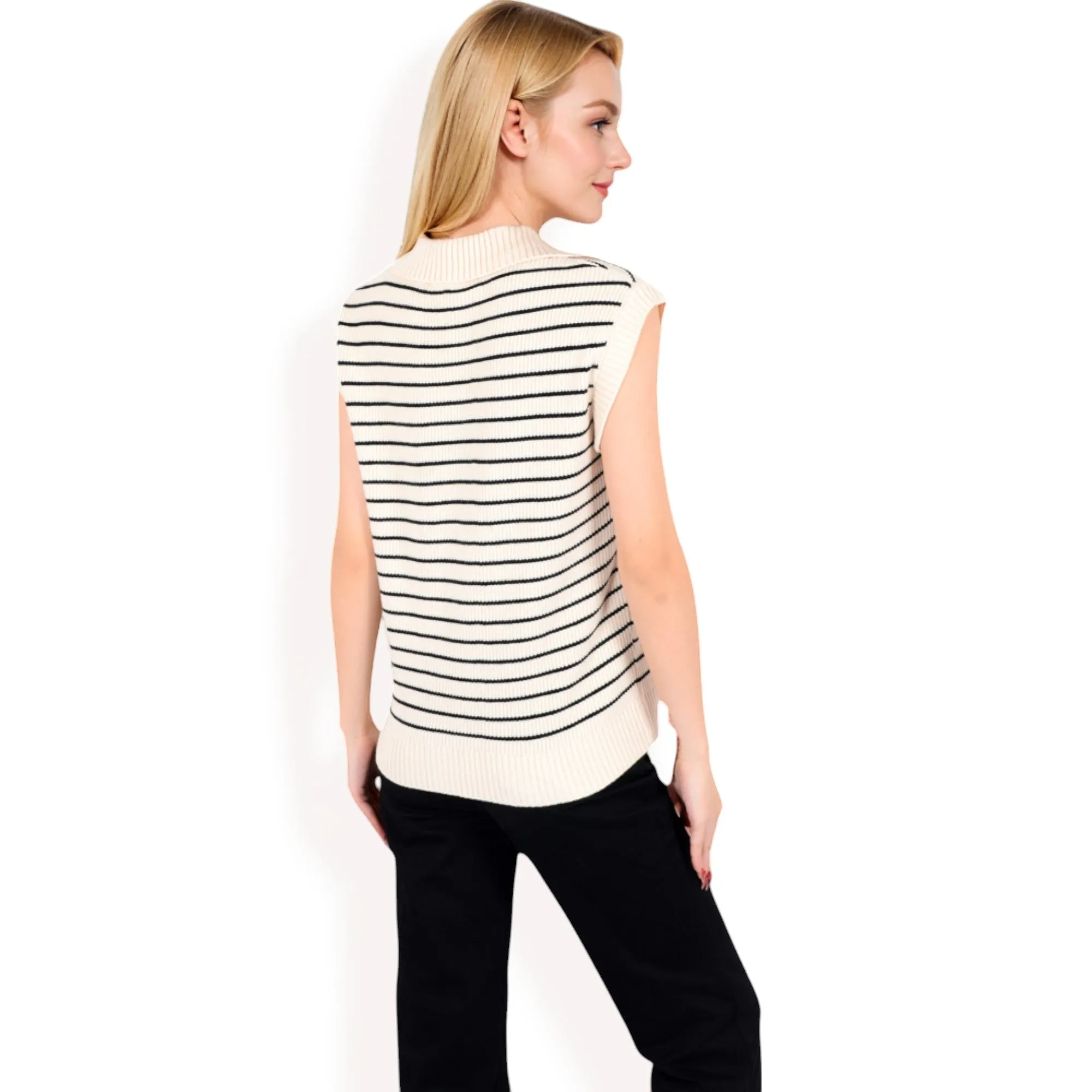 Anna-Kaci Women's Striped Knit Sleeveless Sweater Vest with Collared V-Neck sold by Anna-Kaci product image thumbnail 5