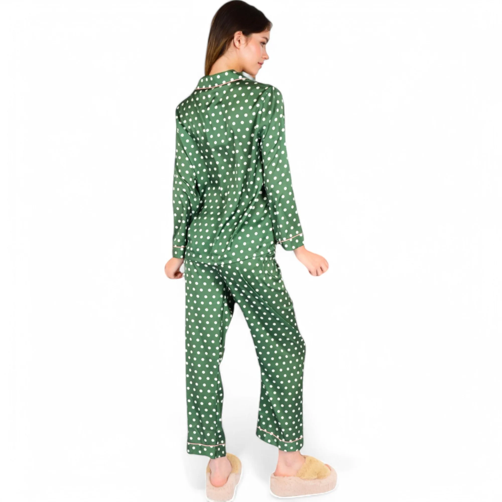 Anna-Kaci Women's Polka Dot Satin Pajama Set with Ruffled Cuffs and Piping Detail sold by Anna-Kaci product image thumbnail 5