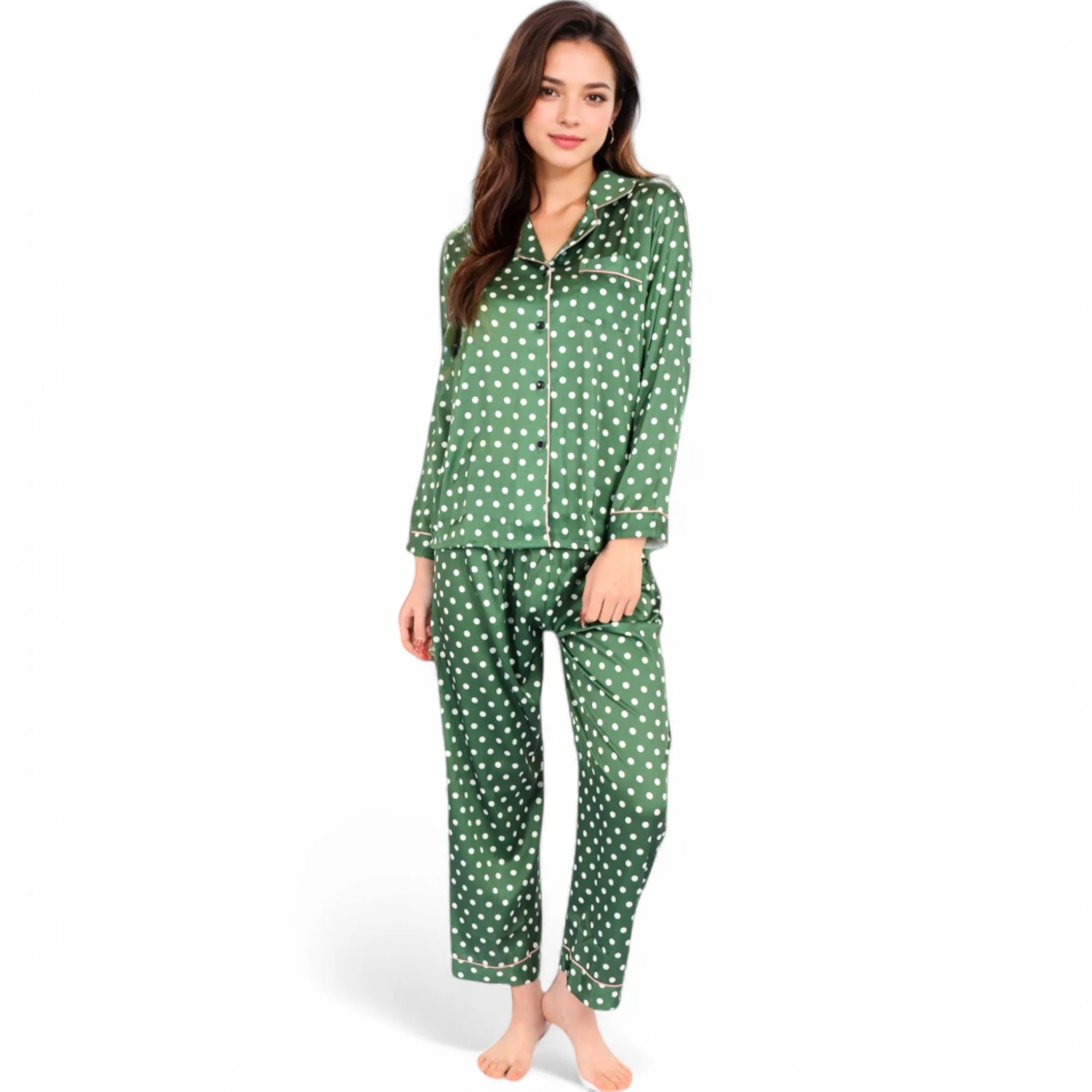 Anna-Kaci Women's Polka Dot Satin Pajama Set with Ruffled Cuffs and Piping Detail sold by Anna-Kaci product image thumbnail 2