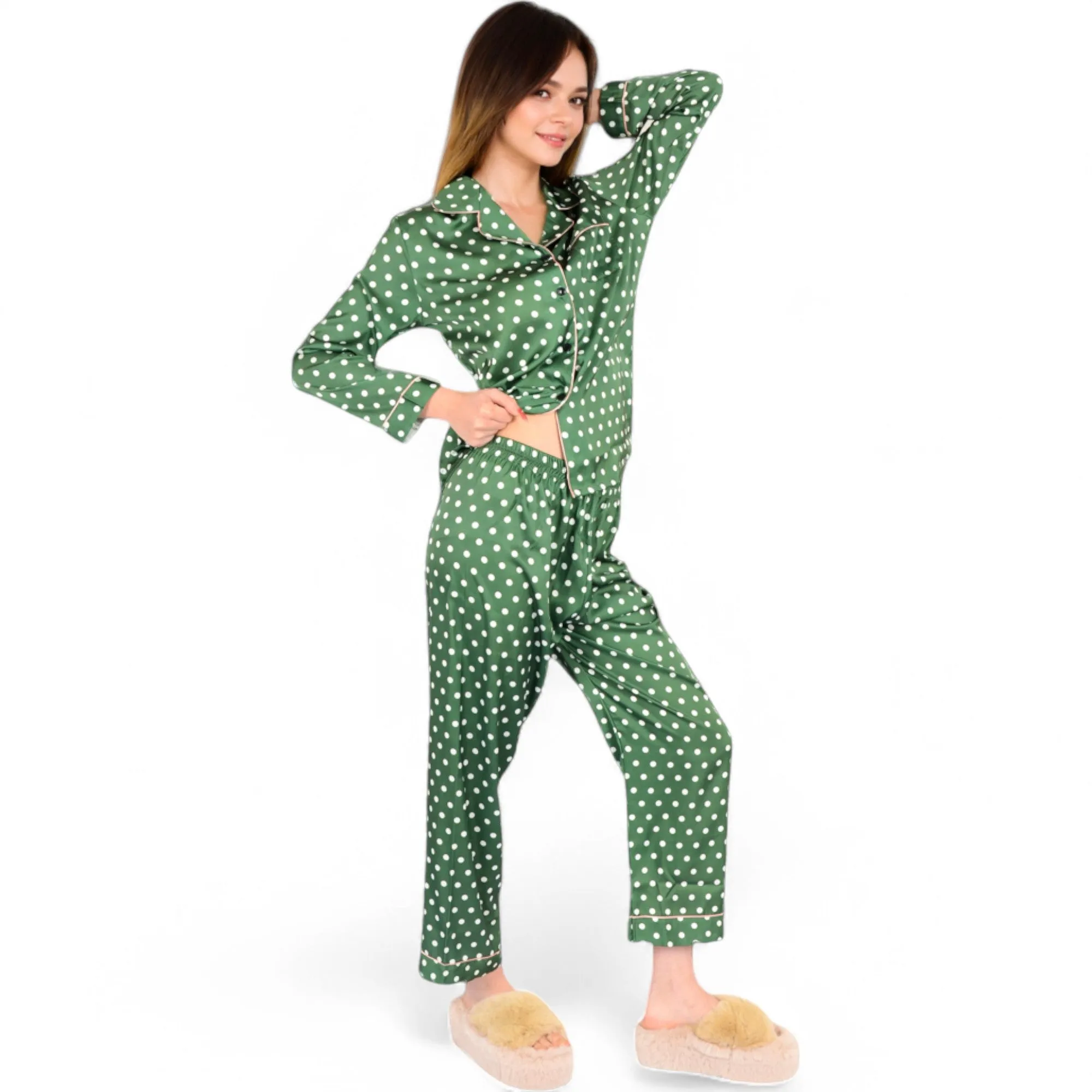 Anna-Kaci Women's Polka Dot Satin Pajama Set with Ruffled Cuffs and Piping Detail sold by Anna-Kaci product image thumbnail 3