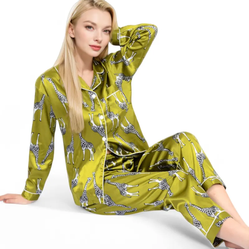 Anna-Kaci Women's Satin Pajama Set with Giraffe Print and Button-Down Top sold by Anna-Kaci