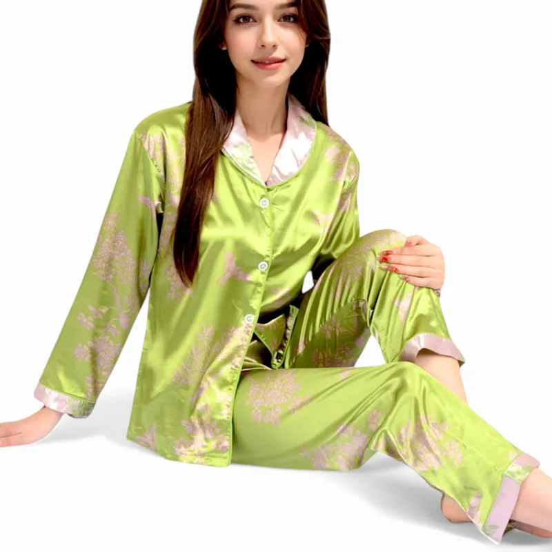 Anna-Kaci Women's Satin Bamboo Print Pajama Set with Contrast Trim sold by Anna-Kaci