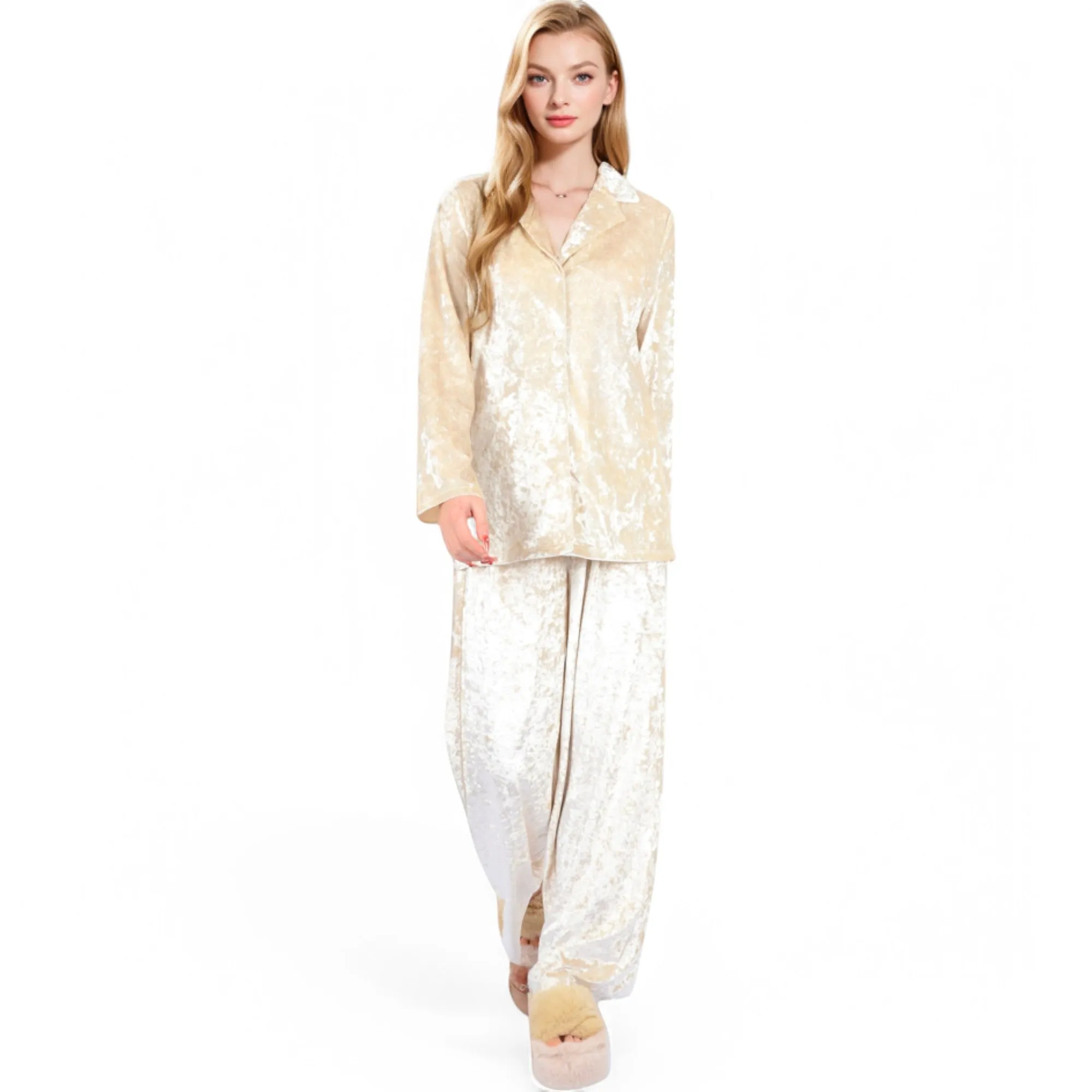 Anna-Kaci Women's Crushed Velvet Lounge Set with Button-Up Long Sleeve Top and Wide-Leg Pants sold by Anna-Kaci product image thumbnail 2