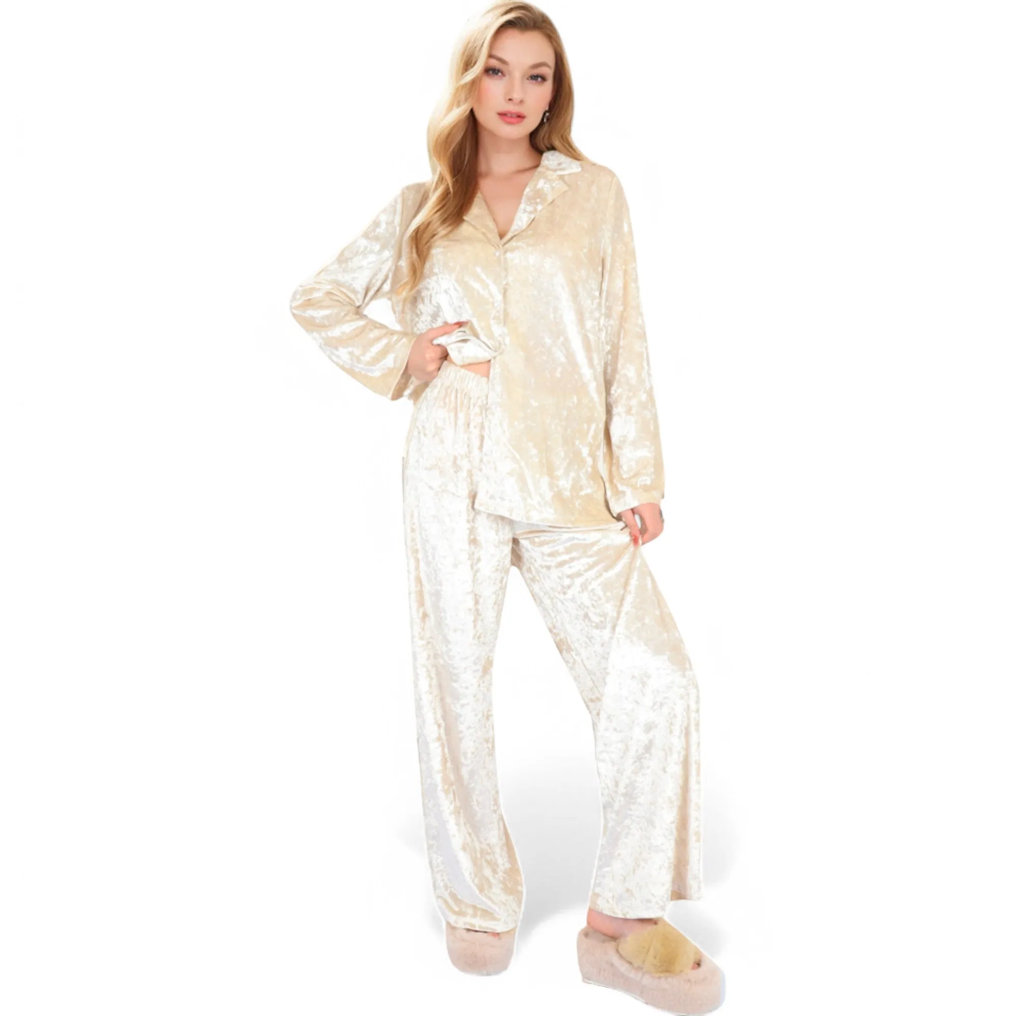 Anna-Kaci Women's Crushed Velvet Lounge Set with Button-Up Long Sleeve Top and Wide-Leg Pants sold by Anna-Kaci product image thumbnail 4