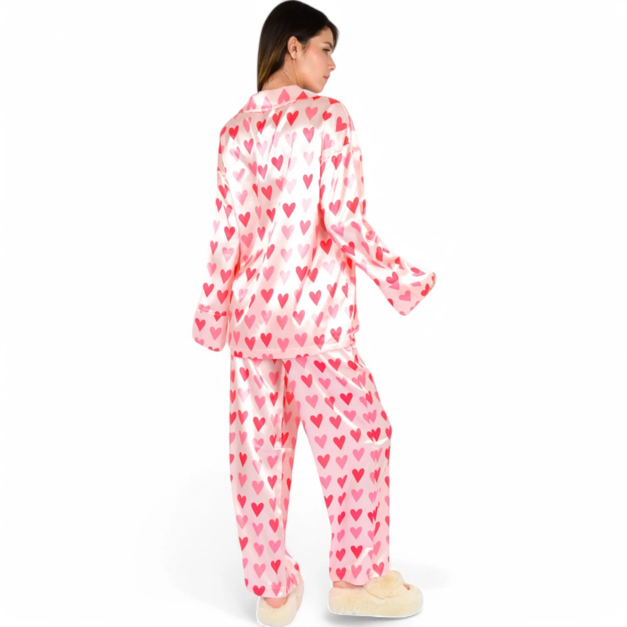 Anna-Kaci Women's Pink Heart Print Pajama Set with Button-Up Long Sleeve Top and Relaxed Fit Pants sold by Anna-Kaci product image thumbnail 5